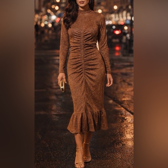 Collective Concepts Dresses & Skirts - Collective Concepts Dress size Small Brown Metallic Ruched Mock Neck Midi NWT